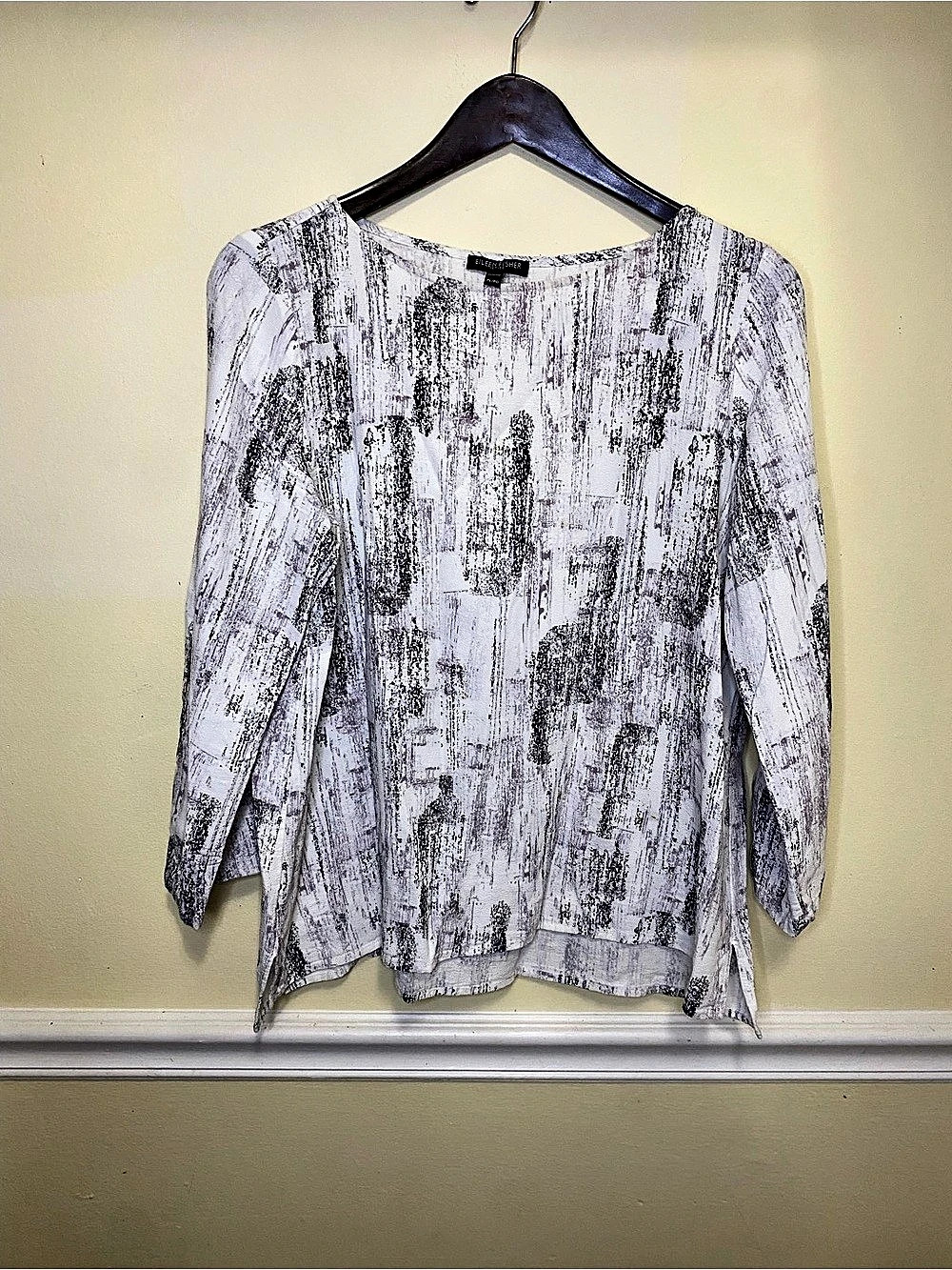 Eileen Fisher Silk Organic Cotton Brushstroke Boxy Shirt Tunic White & Gray Size